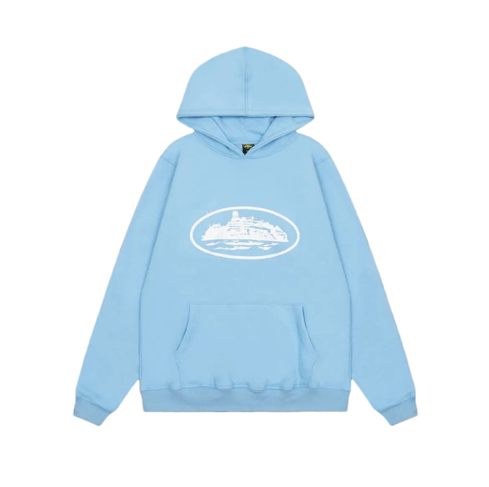 Sky Blue Vintage Graphic Hoodie – Oversized Streetwear Pullover Sweatshirt