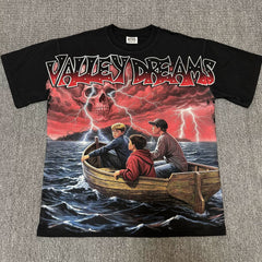 VALEFOREVER Black Storm Boat Skull Retro Horror Graphic Short Sleeve T-Shirt