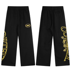 Black Graphic Straight-Leg Sweatpants | Luxury Streetwear Pants with Gold Side Print Detail