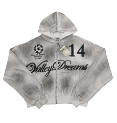 Valley Dreams No.14 Vintage Washed Cropped Zip‑Up Hoodie, Unisex Grey Streetwear Jacket