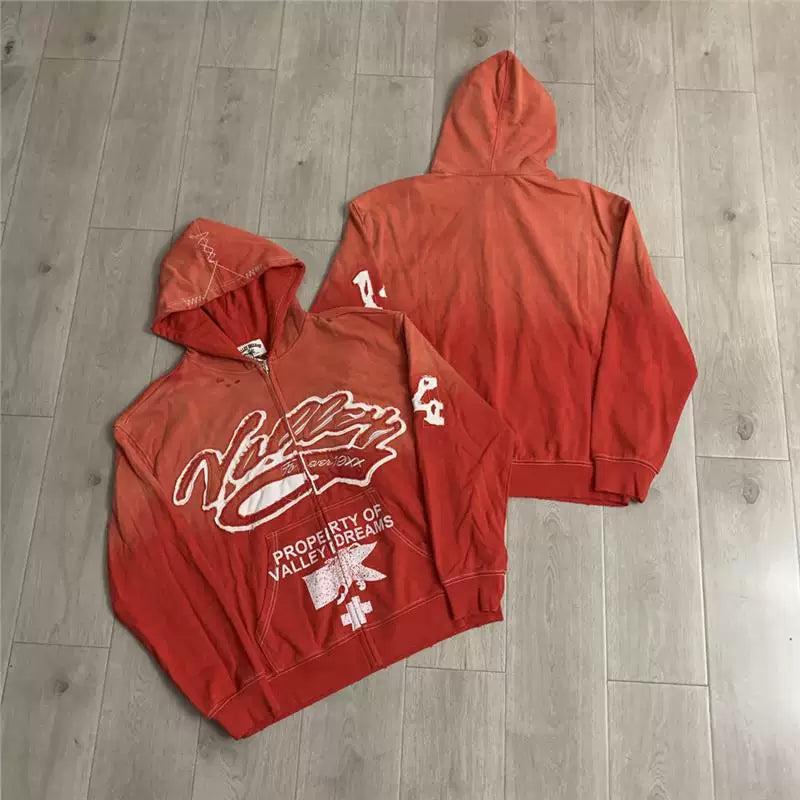 VALEFOREVER Red Gradient Script Graphic Zip Up Hoodie