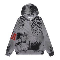 VALEFOREVER Grey Leopard Print Vintage Zip Up Hoodie
