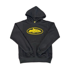 Corteiz Alcatraz Black Hoodie — Signature Yellow Oval Logo on Classic Streetwear Pullover