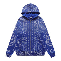 VALEFOREVER Blue Paisley Bandana Full Print Zip Up Hoodie
