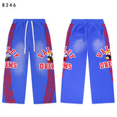 Valley Dreams Cartoon Bee Stripe‑Sleeve Wide‑Leg Sweatpants, Washed Blue Vintage Streetwear Unisex Trousers