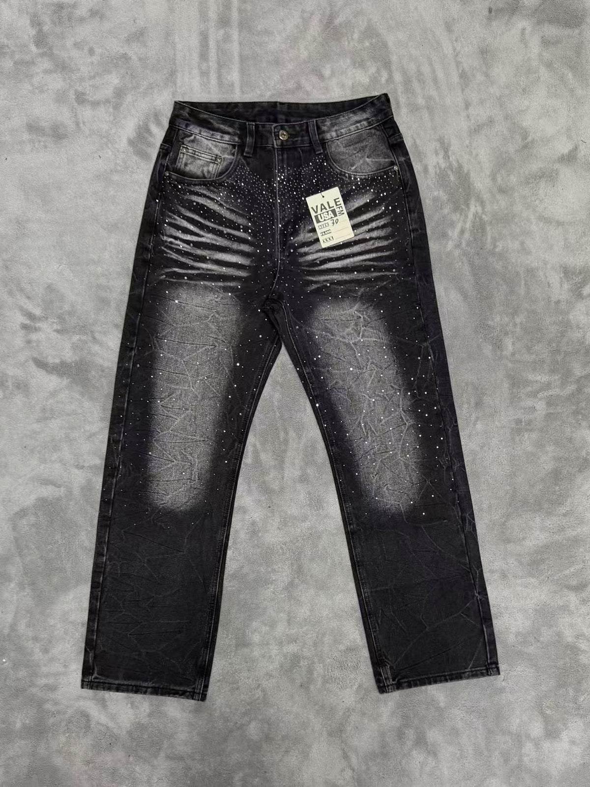 VALLEY Zebra‑Striped Rhinestone Embellished Baggy Denim Pants, Vintage Washed‑Black Unisex Streetwear Jeans