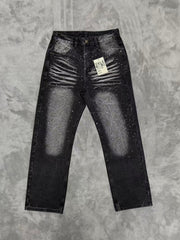 VALLEY Zebra‑Striped Rhinestone Embellished Baggy Denim Pants, Vintage Washed‑Black Unisex Streetwear Jeans