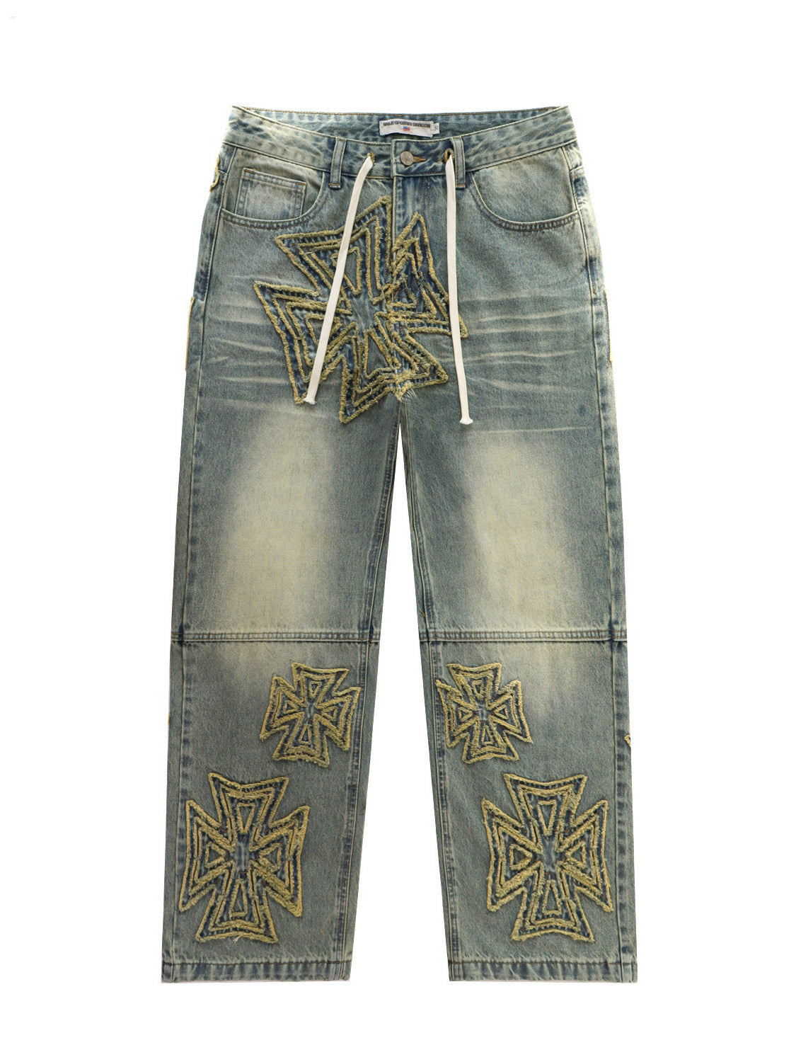 VALLEY Vintage Cross‑Shaped Towel‑Embroidered Baggy Jeans, Washed‑Blue Unisex Streetwear Denim Pants