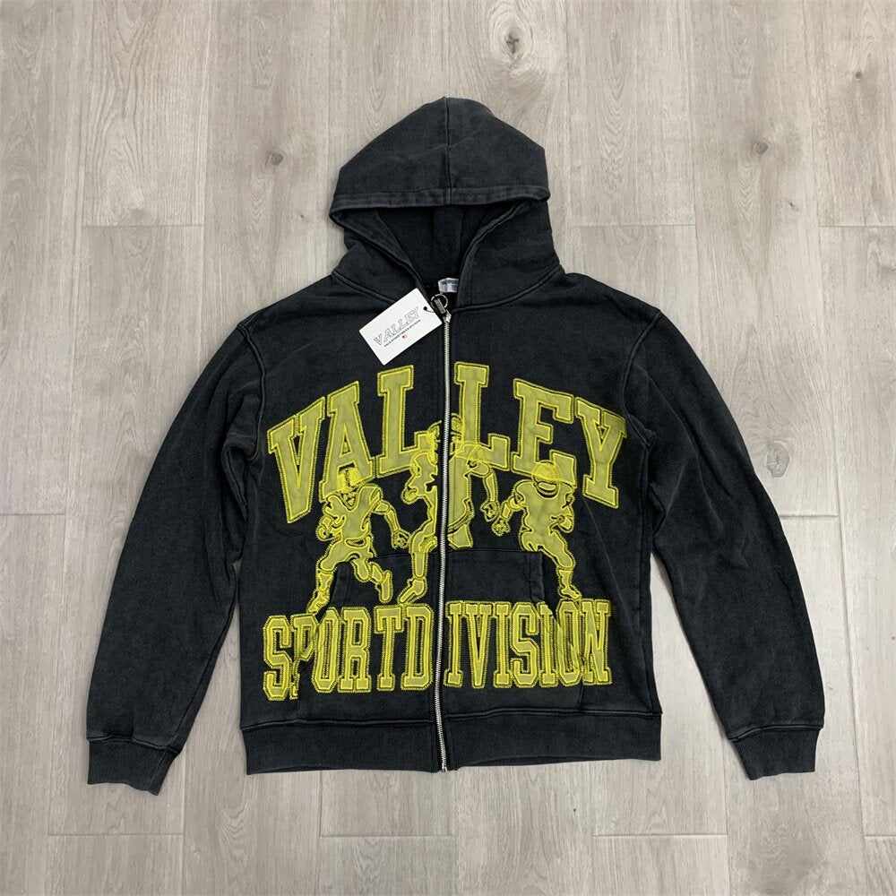 VALLEY Black Washed Valley Sport Division Football Graphic Zip‑Up Hoodie Unisex Oversized Jacket