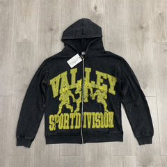 VALLEY Black Washed Valley Sport Division Football Graphic Zip‑Up Hoodie Unisex Oversized Jacket