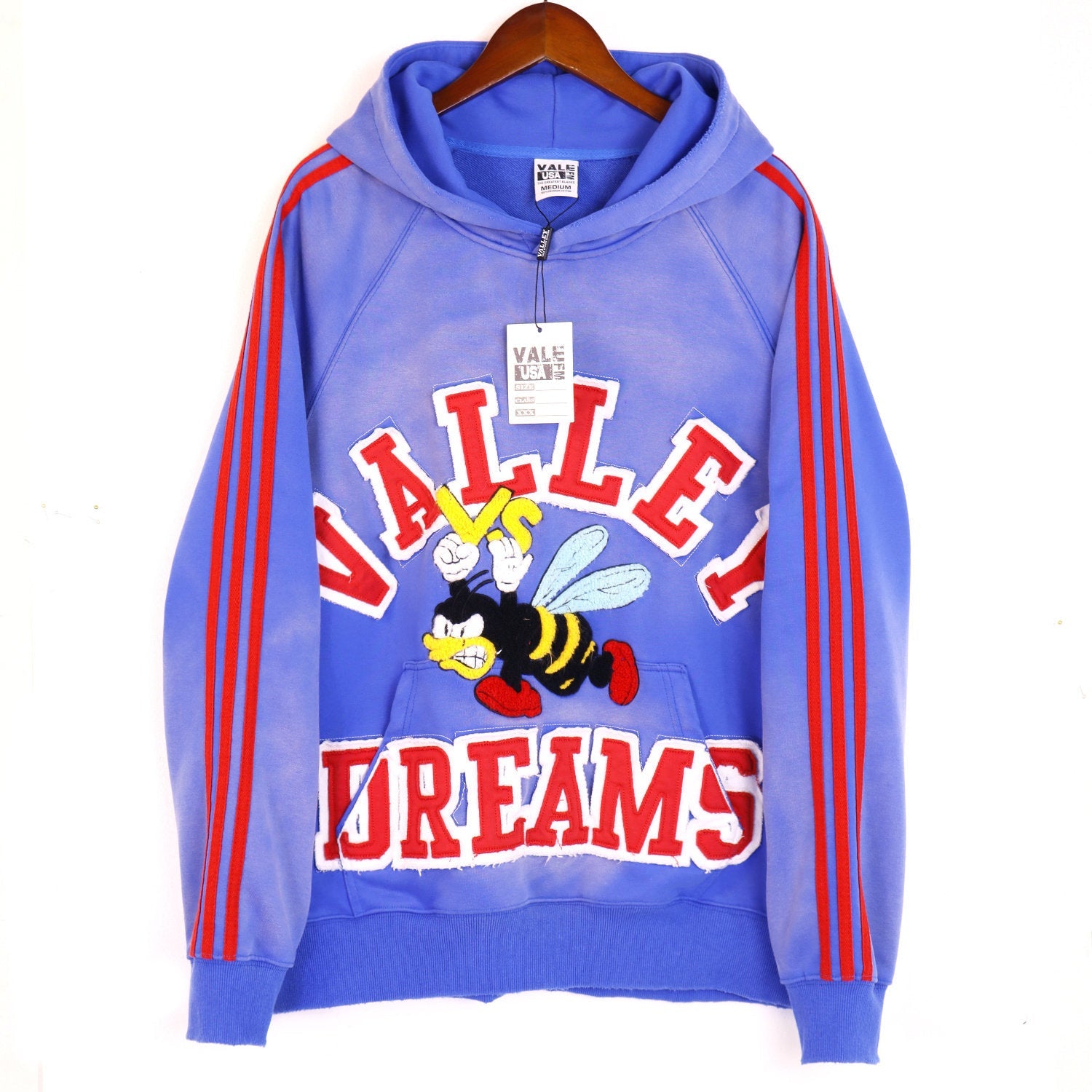 Valley Dreams Cartoon Bee Chenille Patch Pullover Hoodie, Blue Vintage Distressed Striped‑Sleeve Streetwear Unisex Sweatshirt