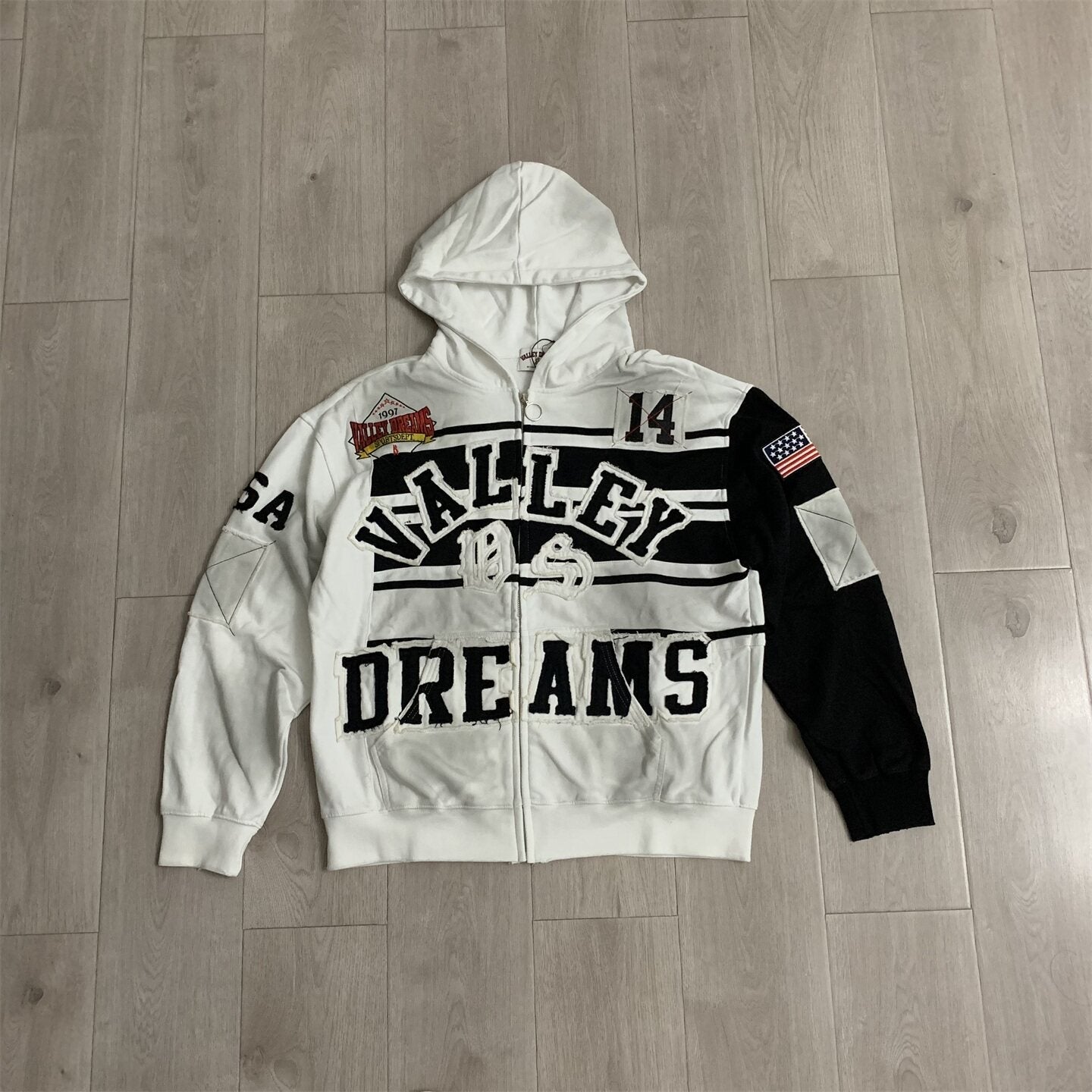 VALLEY White‑Black Color‑Block Striped Valley Dreams Zip‑Up Hoodie Unisex Oversized Jacket