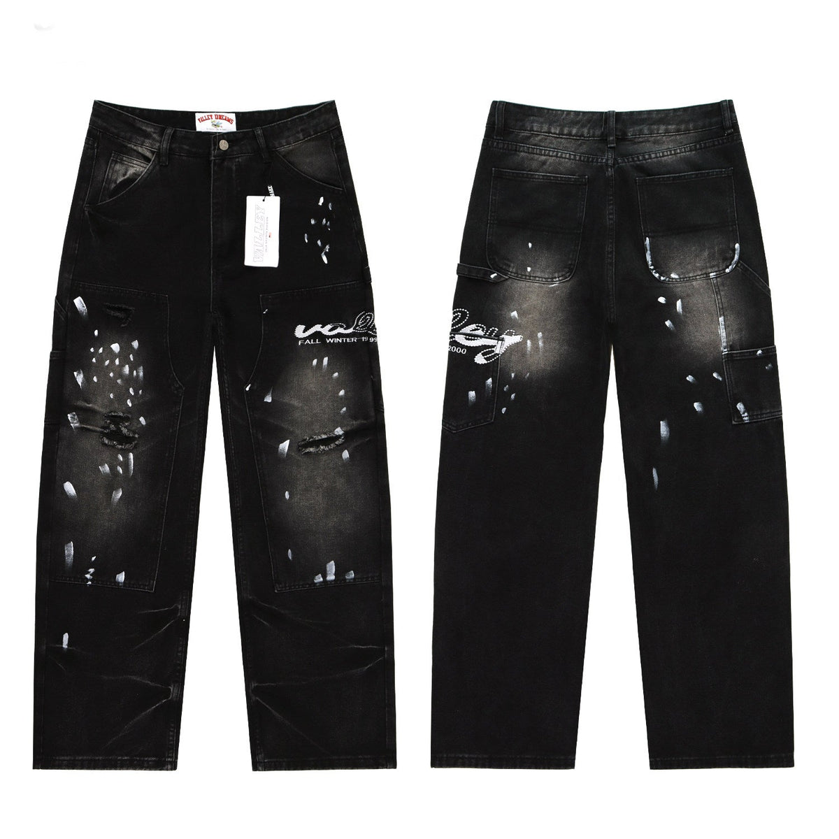Valley Embroidered Paint‑Splatter Distressed Carpenter Baggy Jeans, Washed‑Black Unisex Wide‑Leg Denim Pants