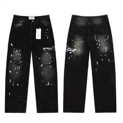 Valley Embroidered Paint‑Splatter Distressed Carpenter Baggy Jeans, Washed‑Black Unisex Wide‑Leg Denim Pants