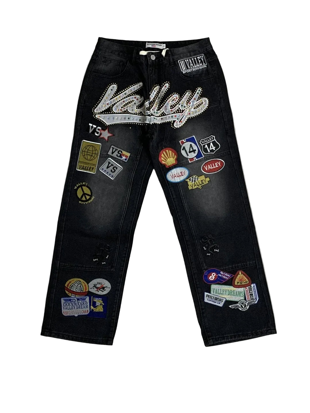 Valley Multi‑Patch Rhinestone Letter Baggy Jeans, Vintage Washed‑Black Unisex Wide‑Leg Denim Pants