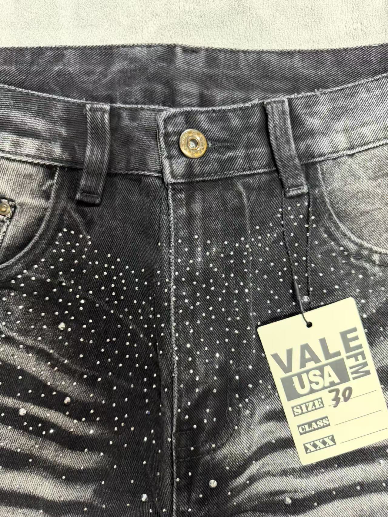 VALLEY Zebra‑Striped Rhinestone Embellished Baggy Denim Pants, Vintage Washed‑Black Unisex Streetwear Jeans