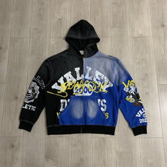 VALLEY Black‑Blue Gradient Valley Dreams Cartoon Print Zip‑Up Hoodie Unisex Oversized Jacket