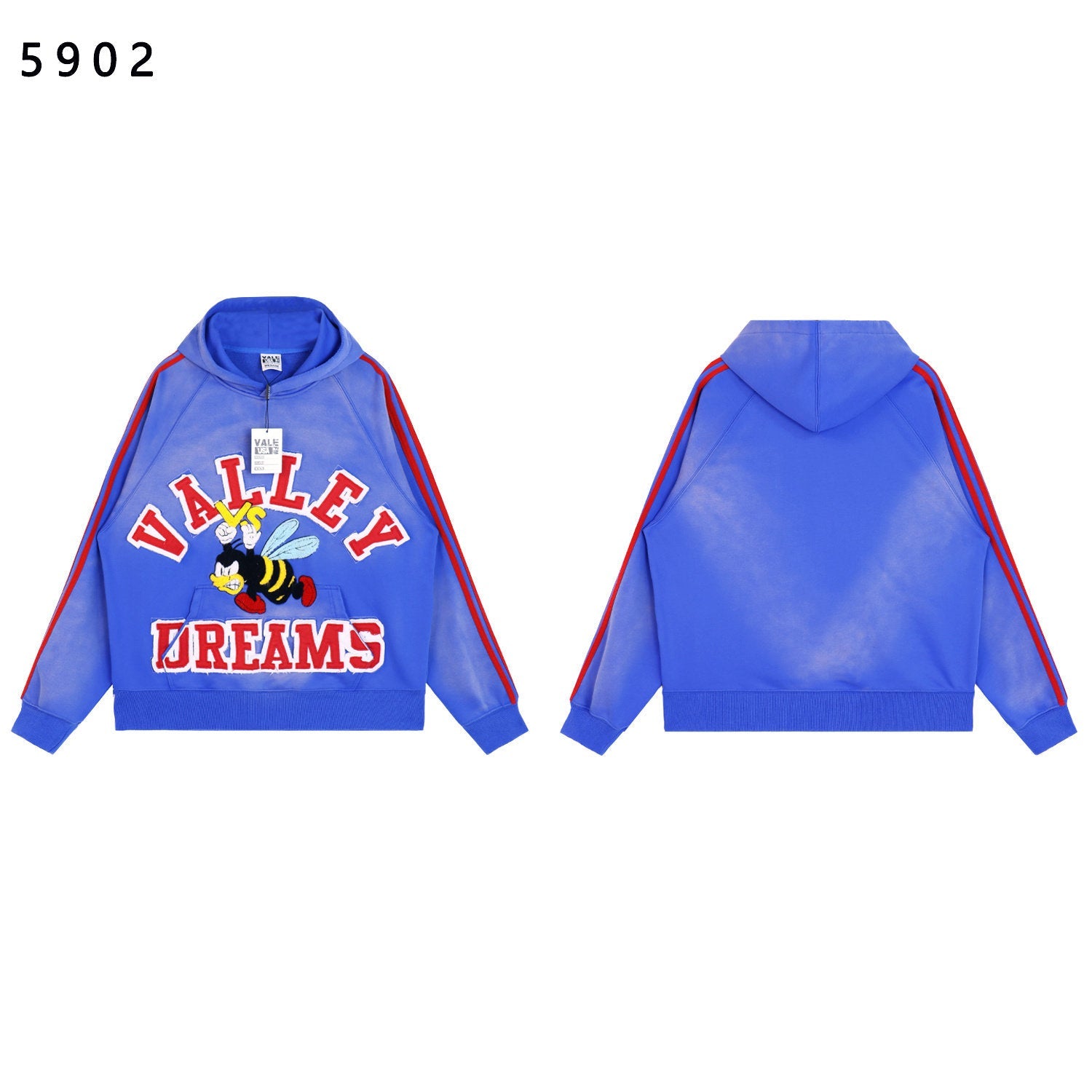 Valley Dreams Cartoon Bee Chenille Patch Pullover Hoodie, Blue Vintage Distressed Striped‑Sleeve Streetwear Unisex Sweatshirt