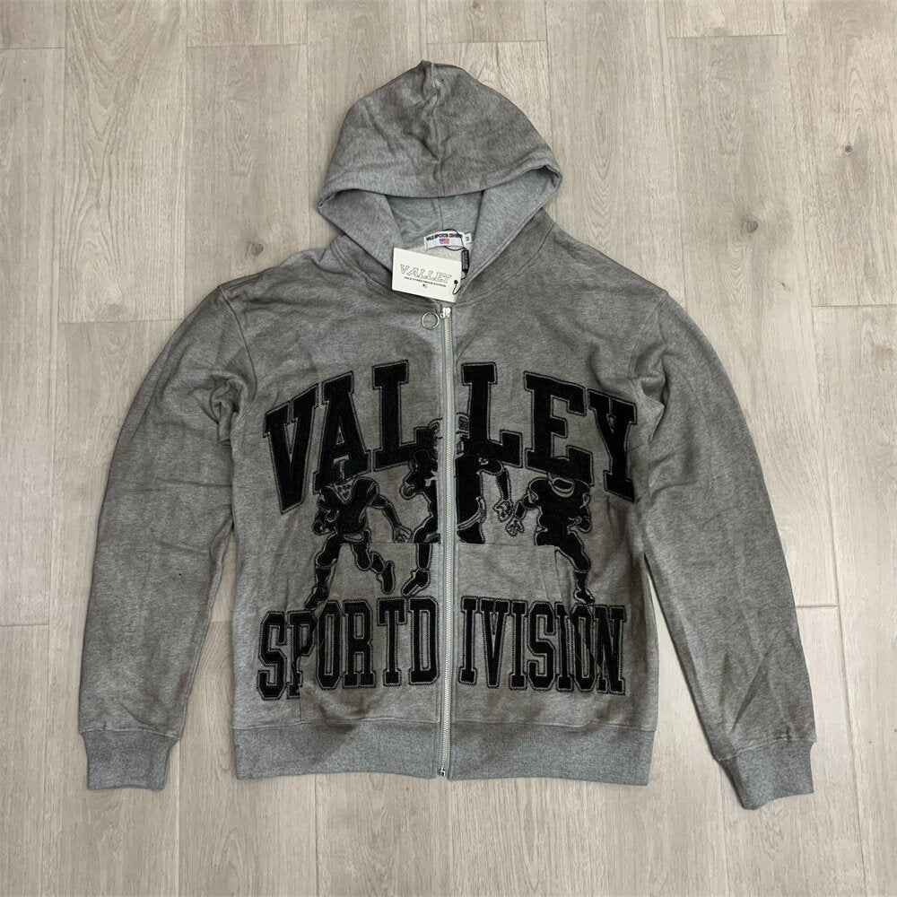VALLEY Grey Valley Sport Division Football Graphic Zip‑Up Hoodie Unisex Oversized Jacket