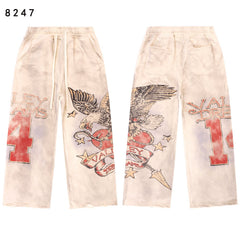 VALLEY Vintage Eagle‑Print Wide‑Leg Sweatpants, Off‑White Washed Unisex Hip‑Hop Streetwear Trousers