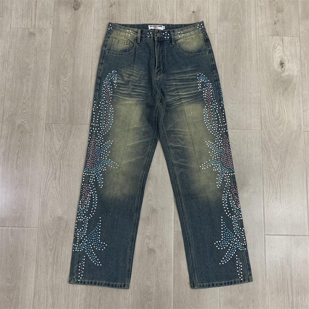 VALLEY Gradient Rhinestone Star Washed‑Blue Straight‑Leg Jeans, Y2K Hip‑Hop Unisex Denim Pants