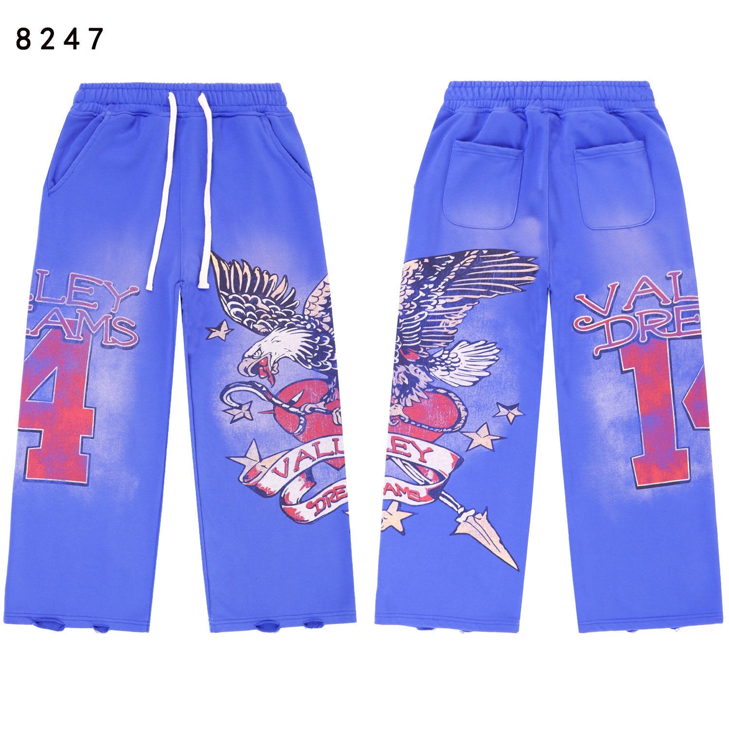 VALLEY Vintage Eagle‑Print Wide‑Leg Sweatpants, Bright Blue Washed Unisex Hip‑Hop Streetwear Trousers