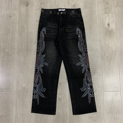 VALLEY Gradient Rhinestone Star Washed‑Black Straight‑Leg Jeans, Y2K Hip‑Hop Unisex Denim Pants