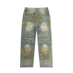 VALLEY Vintage Cross‑Shaped Towel‑Embroidered Baggy Jeans, Washed‑Blue Unisex Streetwear Denim Pants