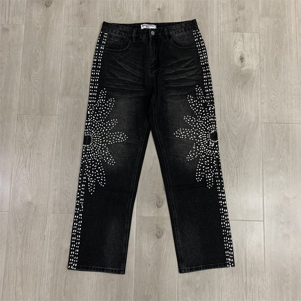 VALLEY White Dots Print Distressed Washed‑Black Straight‑Leg Jeans, Y2K Streetwear Unisex Denim Pants