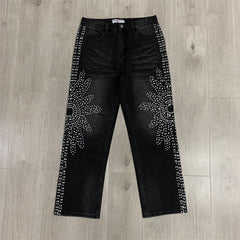 VALLEY White Dots Print Distressed Washed‑Black Straight‑Leg Jeans, Y2K Streetwear Unisex Denim Pants