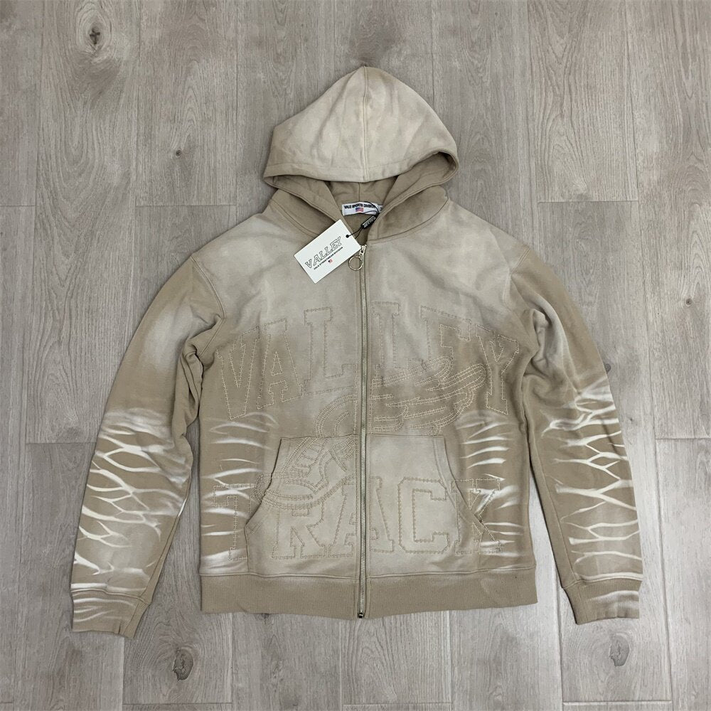 VALLEY Khaki Gradient Embroidery Lightning‑Sleeve Zip‑Up Hoodie Unisex Oversized Jacket