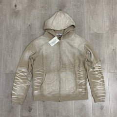 VALLEY Khaki Gradient Embroidery Lightning‑Sleeve Zip‑Up Hoodie Unisex Oversized Jacket