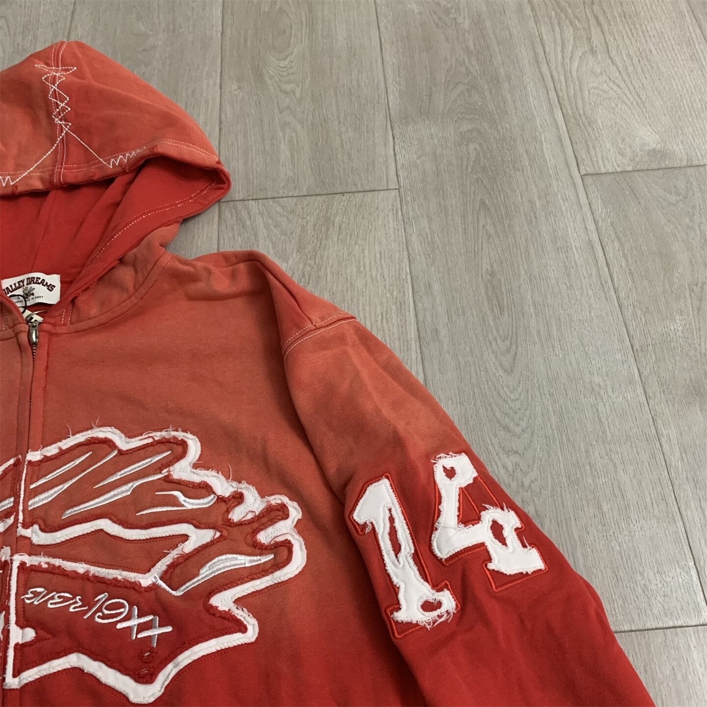 VALLEY Red‑Orange Gradient Graffiti‑Print Valley Dreams Zip‑Up Hoodie Unisex Oversized Jacket
