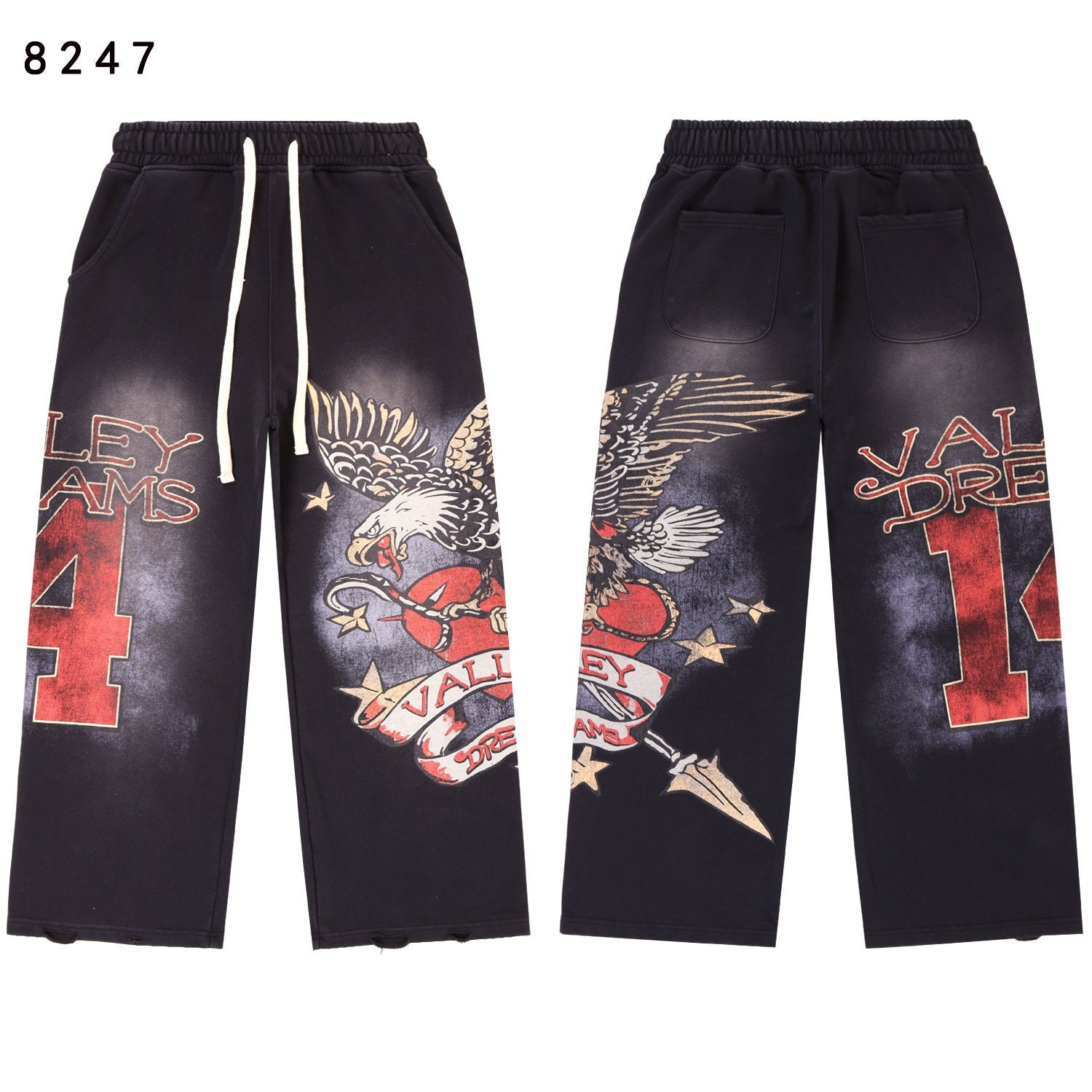Vintage Eagle‑Print Wide‑Leg Sweatpants, Black Washed Unisex Hip‑Hop Streetwear Trousers