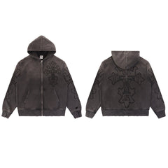 Valley Dreams Embossed Cross Zip‑Up Hoodie, Dark Grey Vintage Washed Distressed Streetwear Unisex Jacket