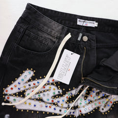 Valley Rhinestone Cursive‑Letter Baggy Jeans, Washed‑Black Distressed Unisex Streetwear Denim Pants