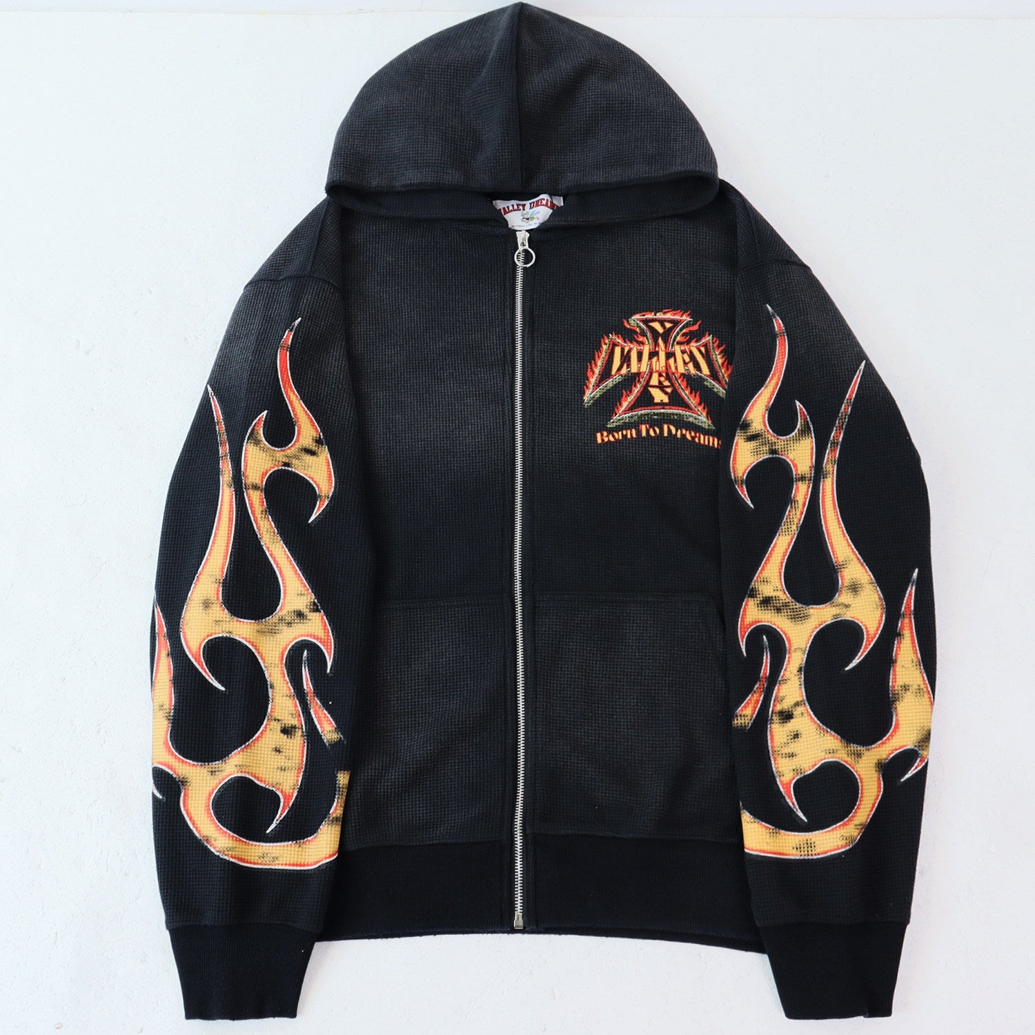 Valley Dreams Waffle‑Knit Flame‑Sleeve Zip‑Up Hoodie, Black Vintage Washed Oversized Streetwear Unisex Jacket