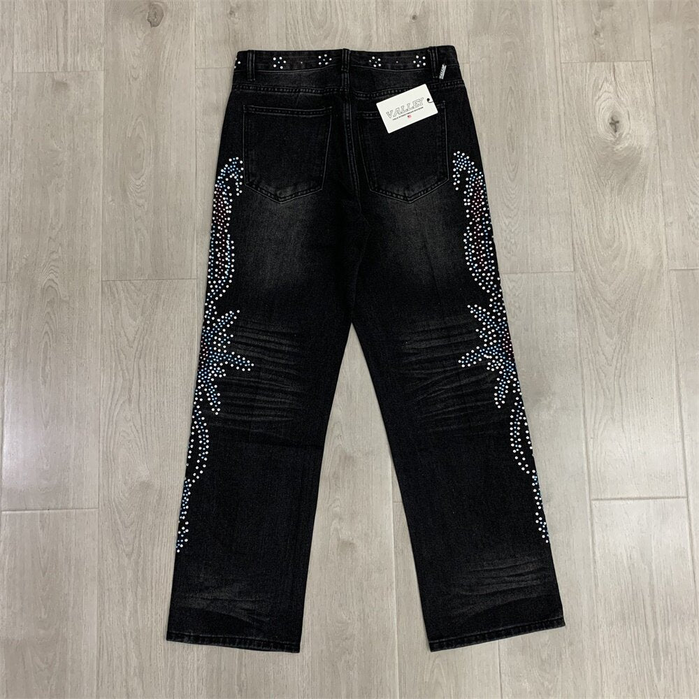 VALLEY Gradient Rhinestone Star Washed‑Black Straight‑Leg Jeans, Y2K Hip‑Hop Unisex Denim Pants