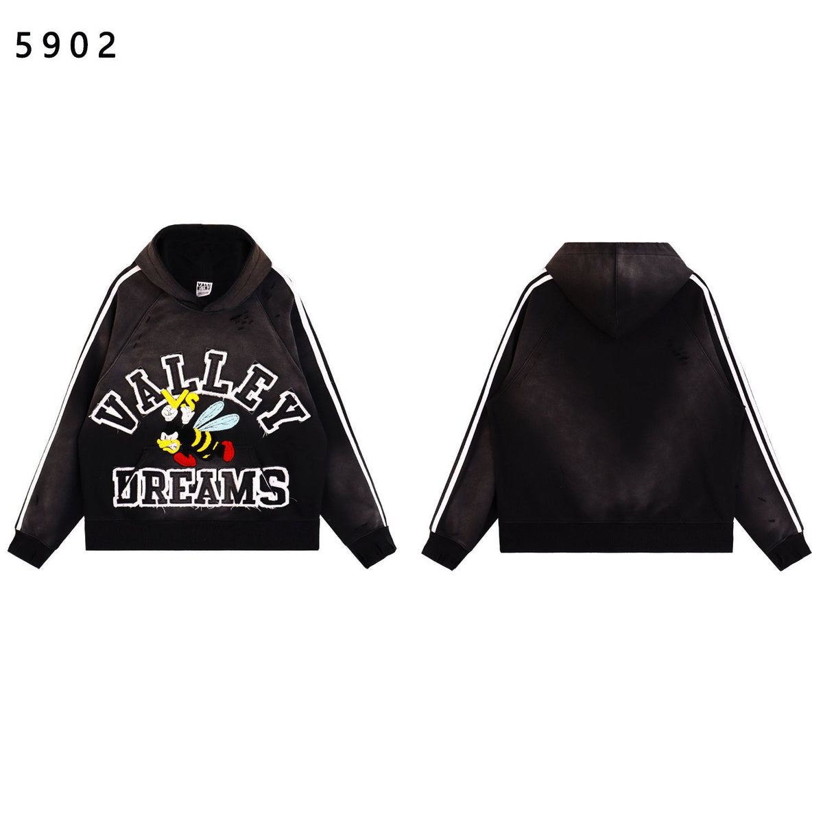 Valley Dreams Cartoon Bee Chenille Patch Pullover Hoodie, Black Vintage Distressed Striped‑Sleeve Streetwear Unisex Sweatshirt