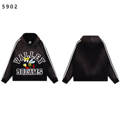 Valley Dreams Cartoon Bee Chenille Patch Pullover Hoodie, Black Vintage Distressed Striped‑Sleeve Streetwear Unisex Sweatshirt