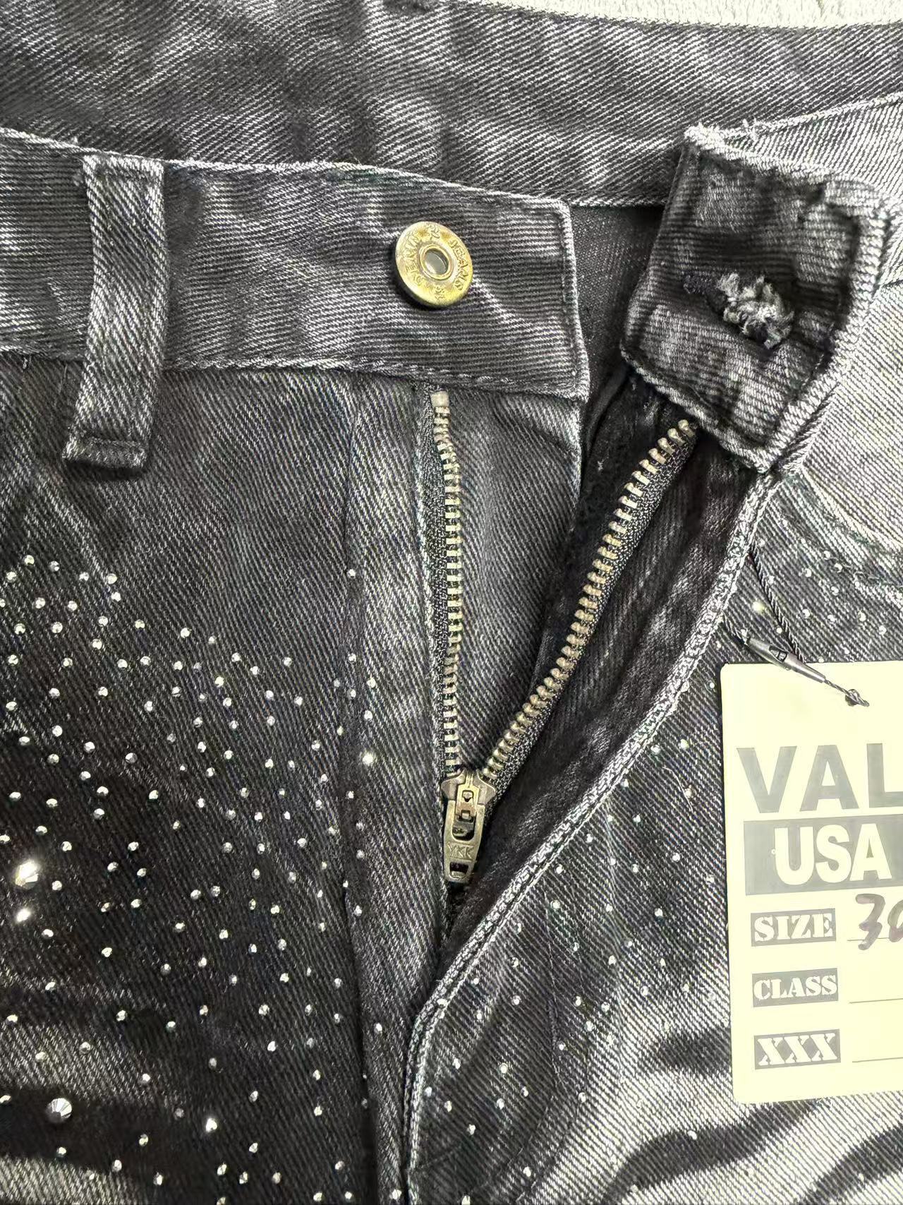 VALLEY Zebra‑Striped Rhinestone Embellished Baggy Denim Pants, Vintage Washed‑Black Unisex Streetwear Jeans