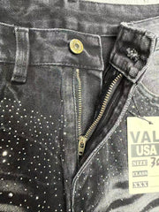 VALLEY Zebra‑Striped Rhinestone Embellished Baggy Denim Pants, Vintage Washed‑Black Unisex Streetwear Jeans