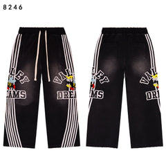 Valley Dreams Cartoon‑Bee White‑Stripe Wide‑Leg Sweatpants, Vintage Black Washed Streetwear Unisex Trousers