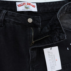 Valley Embroidered Paint‑Splatter Distressed Carpenter Baggy Jeans, Washed‑Black Unisex Wide‑Leg Denim Pants