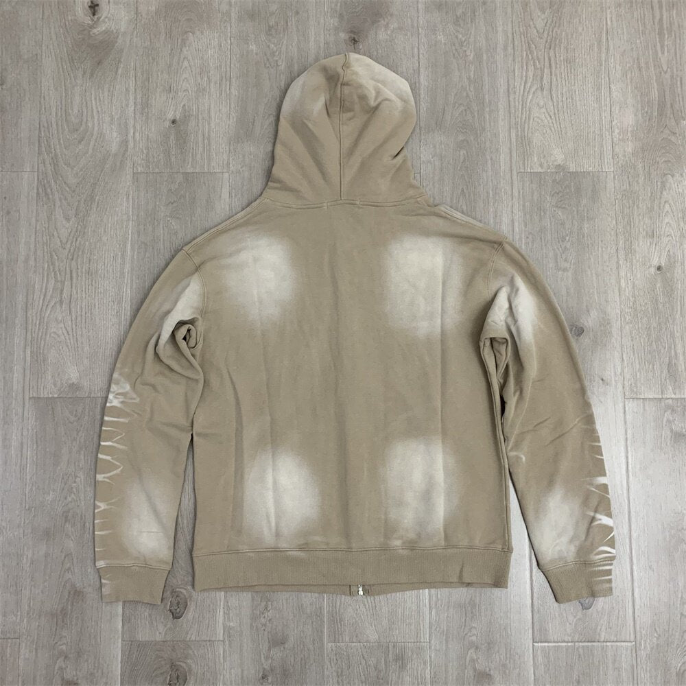 VALLEY Khaki Gradient Embroidery Lightning‑Sleeve Zip‑Up Hoodie Unisex Oversized Jacket