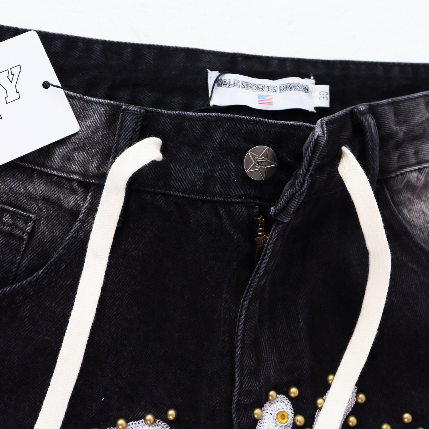 Valley Rhinestone Cursive‑Letter Baggy Jeans, Washed‑Black Distressed Unisex Streetwear Denim Pants