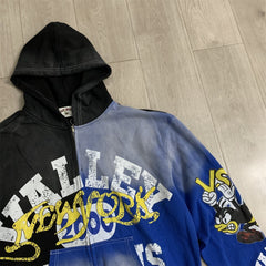 VALLEY Black‑Blue Gradient Valley Dreams Cartoon Print Zip‑Up Hoodie Unisex Oversized Jacket