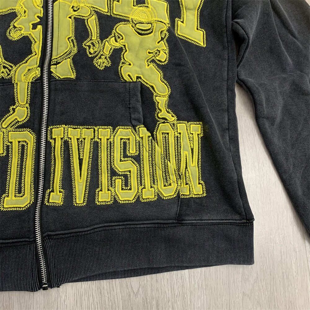 VALLEY Black Washed Valley Sport Division Football Graphic Zip‑Up Hoodie Unisex Oversized Jacket
