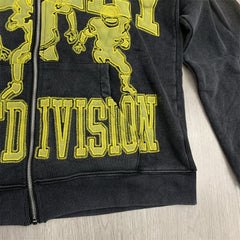 VALLEY Black Washed Valley Sport Division Football Graphic Zip‑Up Hoodie Unisex Oversized Jacket