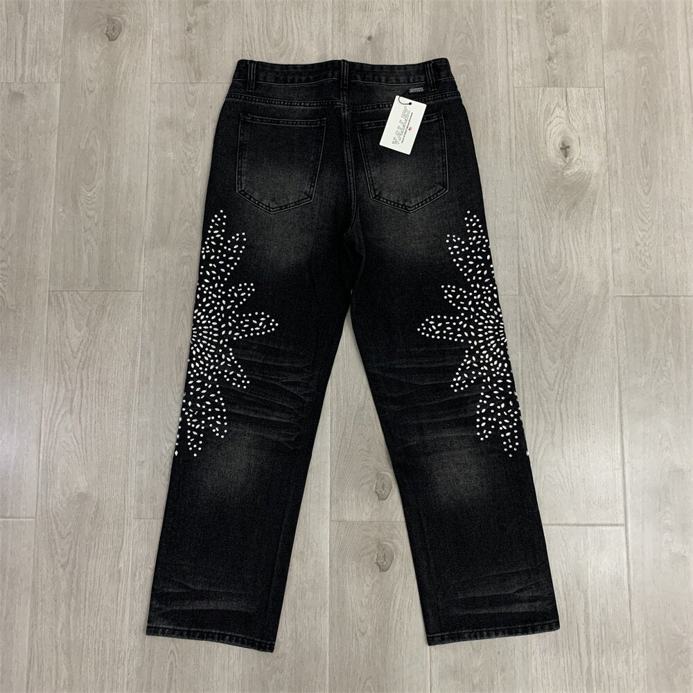VALLEY White Dots Print Distressed Washed‑Black Straight‑Leg Jeans, Y2K Streetwear Unisex Denim Pants